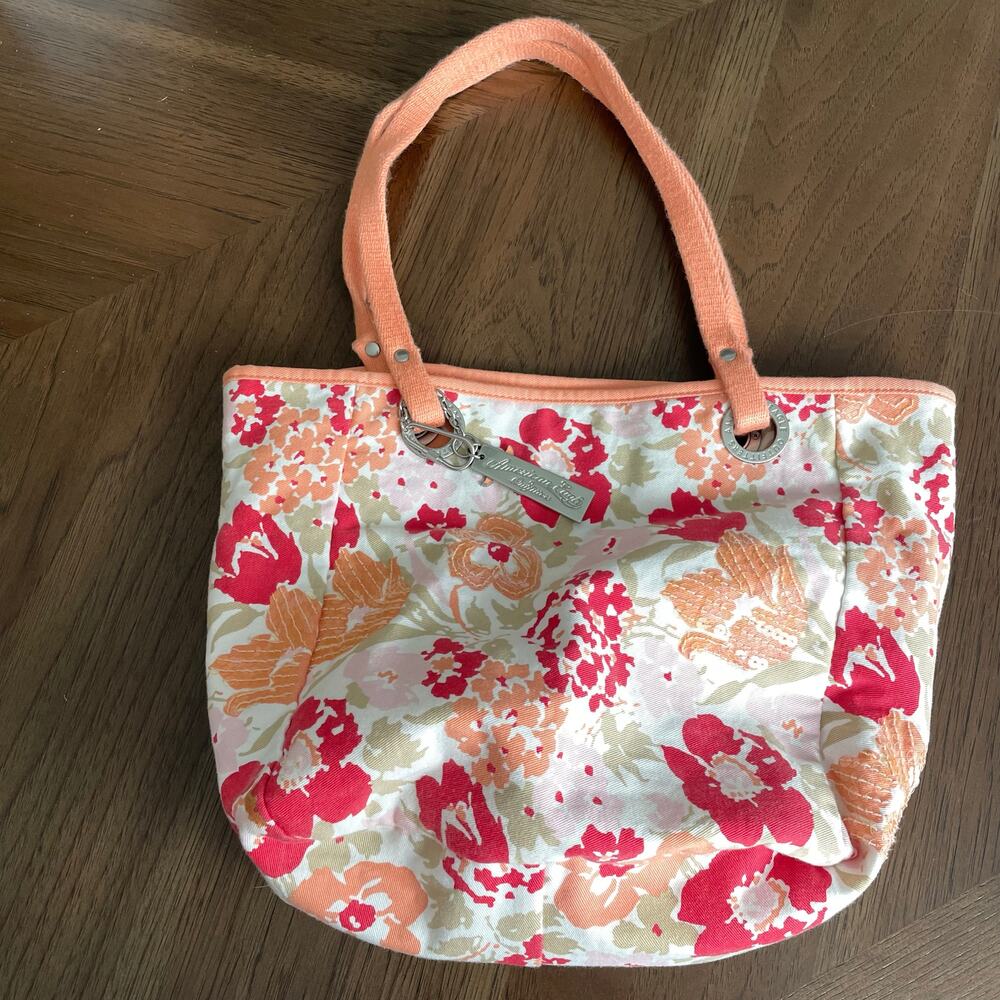 American Eagle Floral Sequined Canvas Tote Bag Cloth Shoulder Salmon Peach